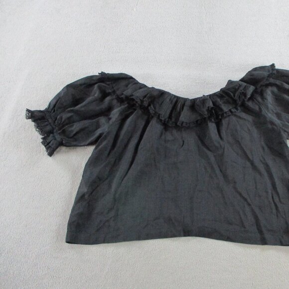 DOEN Samara Top Womens Small Black Ramie Tencel Blend Lace Ruffles Puff Sleeve - Picture 5 of 14
